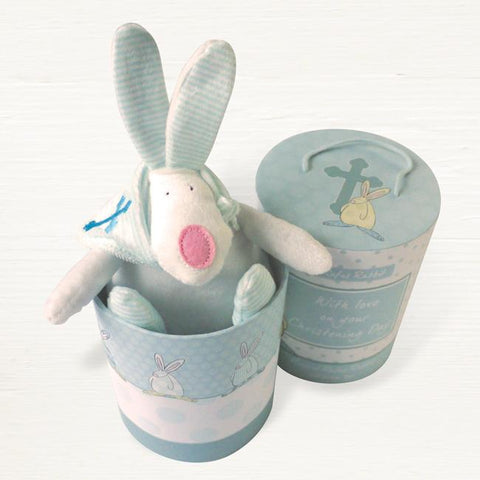 Rufus Rabbit Christening Musical Blue Cot Toy - ash-dove