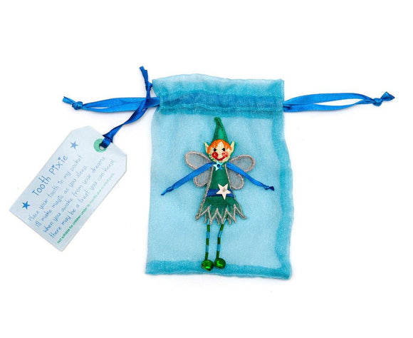 blue organza tooth pouch with pixie