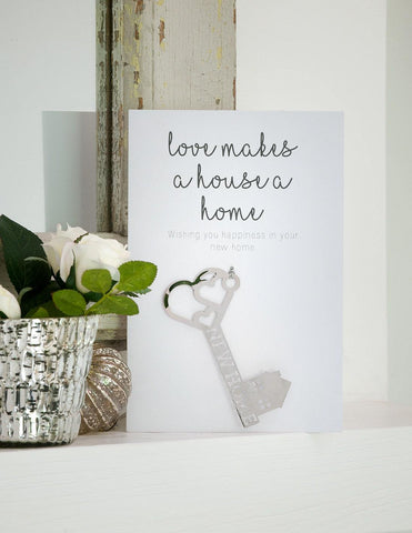 First Home card, Love makes a house a home card,, Housewarming card with a silver key, Gift card for a new home with a metallic key someone_else