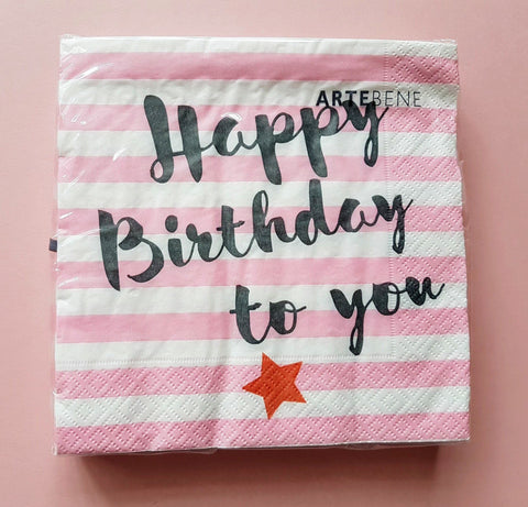 Pink and Grey Paper Napkins For A Birthday, Happy Birthday Set of Party Napkins, Large Dinner Napkin Set, Striped Napkins For A Teen someone_else