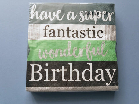 Mens Birthday Paper Napkins Set by Artebene, Silver Grey And Green Stripe Happy Birthday 20 Chlorine free Napkins for a modern party table, someone_else