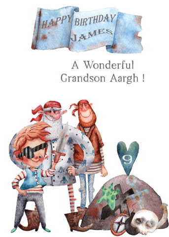 Pirates Grandson Birthday Card Personalised With Age And Name, Seafarers Fun Handmade Greeting Card For Kids, Boys And Girls, Cute Card i_did