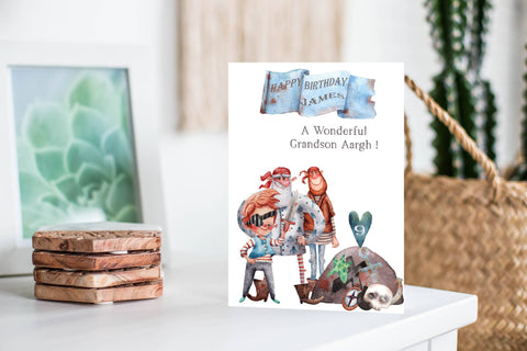 Pirates Grandson Birthday Card Personalised With Age And Name, Seafarers Fun Handmade Greeting Card For Kids, Boys And Girls, Cute Card i_did