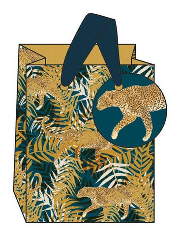 Leopard Gift Bag Bundle In Gold And Jade Green with Medium and Small Gift Bags, Jungle Design With Safari Print and Big Cat Round Gift Tag someone_else