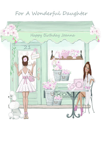 Flower Shop Birthday Card, Personalised Wonderful Daughter Any Age Greeting Card, White Roses Hand Glitter Finish Shopping Card For Girls i_did