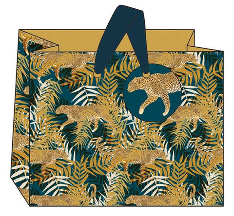 Leopard Gift Bag Bundle In Gold And Jade Green with Medium and Small Gift Bags, Jungle Design With Safari Print and Big Cat Round Gift Tag someone_else