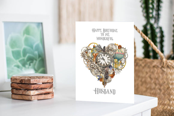 Wonderful Husband Birthday Card Steampunk Heart, Handmade Greeting Card With Cogs And Gears For Vintage Loving Hubby, Retro Birthday Card i_did 