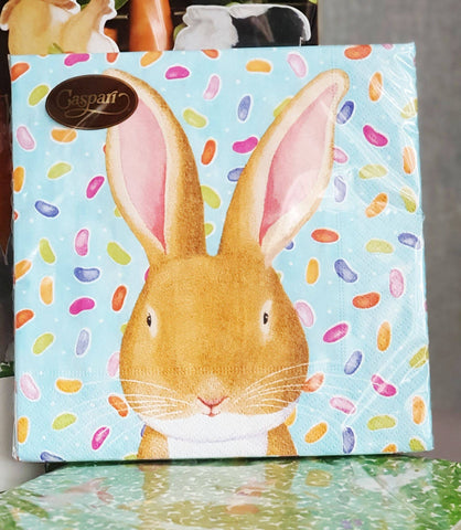 Bunny Paper Napkin Set For Easter Lunch, 20 Caspari Blue Wabbit Paper Napkins With Jelly Bean Background, Fun Family Celebration Table Decor someone_else