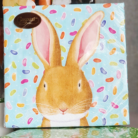 Bunny Paper Napkin Set For Easter Lunch, 20 Caspari Blue Wabbit Paper Napkins With Jelly Bean Background, Fun Family Celebration Table Decor someone_else