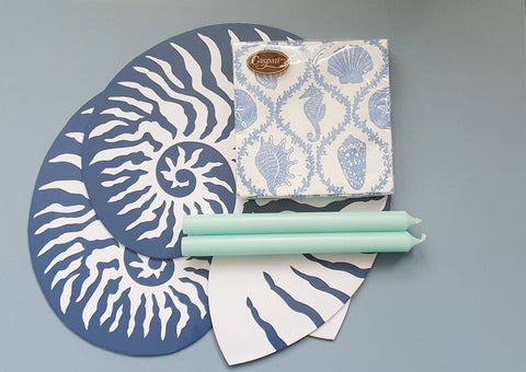 Sea Shell Die Cut Place Mat Set, 4 x Beach Themed Table Setting Place Mats, Blue And White Take Me To The Sea Tablescape someone_else