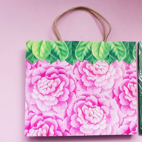 Large Camellias Gift Bag With Gold Rope Handles, Pretty Birthday Wrapping For Her, Die Cut Basket Of Flowers Gift Bag For Women, Floral Bag someone_else