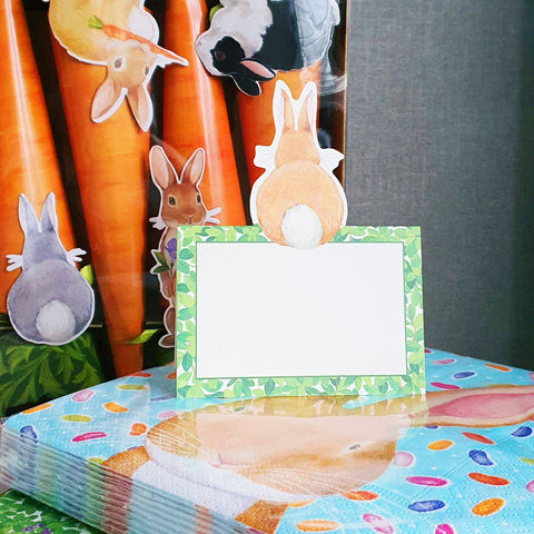 Bunny Bum Place Card Set For 8 People, Cute Rabbit Die Cut Stand Up Place Cards For A Fun Spring Table, Caspari Bunnies And Boxwood someone_else
