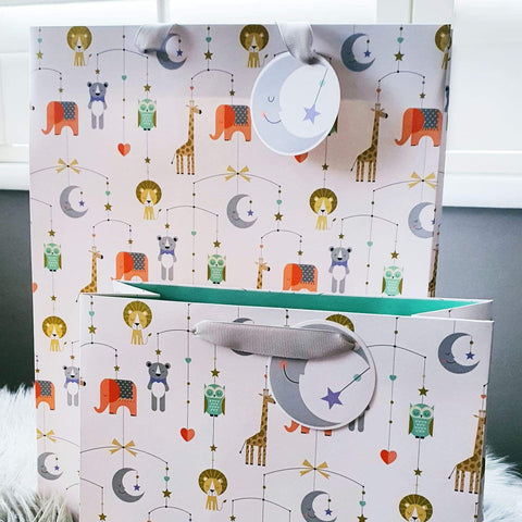 Nursery Safari Gift Bag Set For Baby And Mother, 2 Sizes Unisex White and Grey Double Laminated Paper Bags , Baby Shower Gift Wrap someone_else