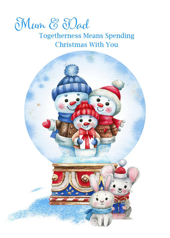 Family Togetherness Christmas Card, Snow Globe Cute Snowmen Family Card, Glitter Personalised Christmas Card For Your Mum And Dad, i_did