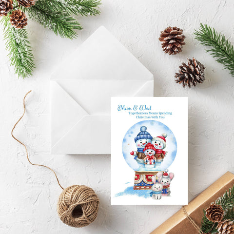 Family Togetherness Christmas Card, Snow Globe Cute Snowmen Family Card, Glitter Personalised Christmas Card For Your Mum And Dad, i_did