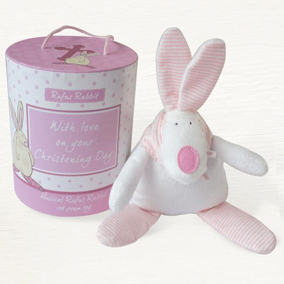 Rufus Rabbit Christening  Musical Cot Toy Pink - ash-dove