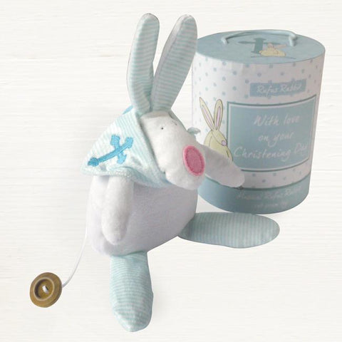 Rufus Rabbit Christening Musical Blue Cot Toy - ash-dove