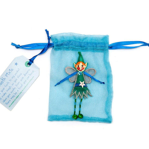 blue organza tooth pouch with pixie