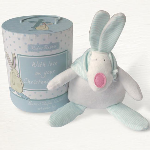 Rufus Rabbit Christening Musical Blue Cot Toy - ash-dove