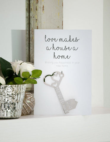 First Home card, Love makes a house a home card,, Housewarming card with a silver key, Gift card for a new home with a metallic key someone_else 