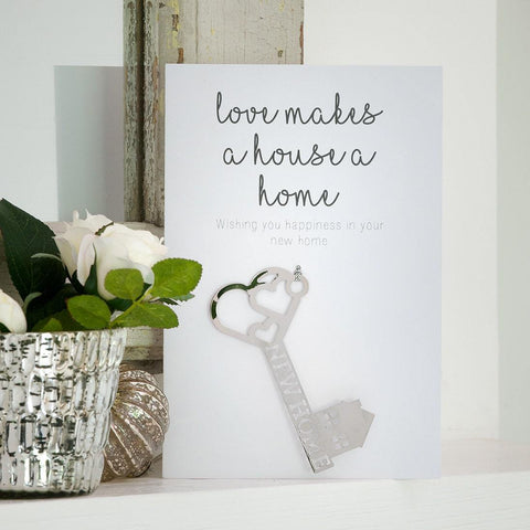 First Home card, Love makes a house a home card,, Housewarming card with a silver key, Gift card for a new home with a metallic key someone_else 