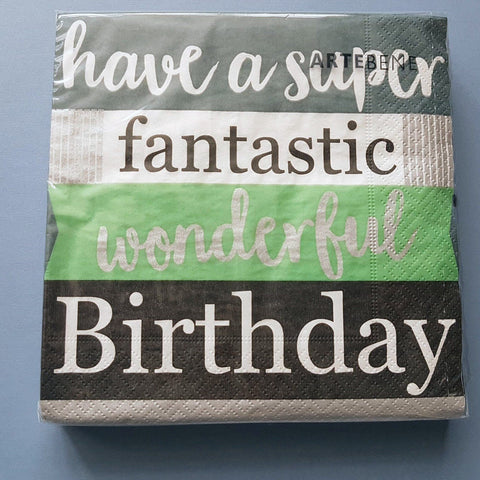 Mens Birthday Paper Napkins Set by Artebene, Silver Grey And Green Stripe Happy Birthday 20 Chlorine free Napkins for a modern party table, someone_else 