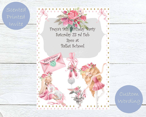 Pink Ballerina Printed Party Invitations with Perfume, Delicate Floral Scented Ballet Birthday Invitations, Personalized Kids Party Invites i_did 