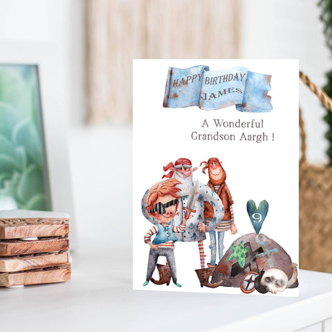 Pirates Grandson Birthday Card Personalised With Age And Name, Seafarers Fun Handmade Greeting Card For Kids, Boys And Girls, Cute Card i_did 