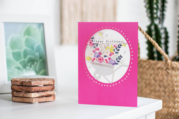 Garden Lovers Birthday Card With Laser Cut Out Wheelbarrow Full of Flowers, Pretty Floral Greeting Card With Cut Out Elements For Her someone_else 