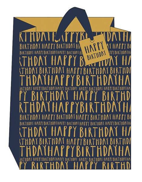 Large Navy Foiled Gift Bag For Clothing, Happy Birthday Portrait Bag With Gift Tag, Cotton Handles Unisex Birthday Present Bag, someone_else 