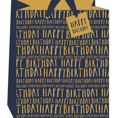 Large Navy Foiled Gift Bag For Clothing, Happy Birthday Portrait Bag With Gift Tag, Cotton Handles Unisex Birthday Present Bag, someone_else 