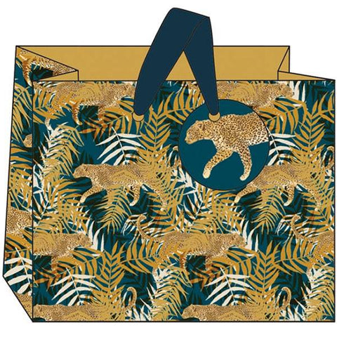 Leopard Gift Bag Bundle In Gold And Jade Green with Medium and Small Gift Bags, Jungle Design With Safari Print and Big Cat Round Gift Tag someone_else 