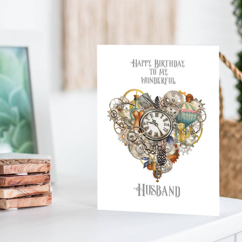 Wonderful Husband Birthday Card Steampunk Heart, Handmade Greeting Card With Cogs And Gears For Vintage Loving Hubby, Retro Birthday Card i_did 