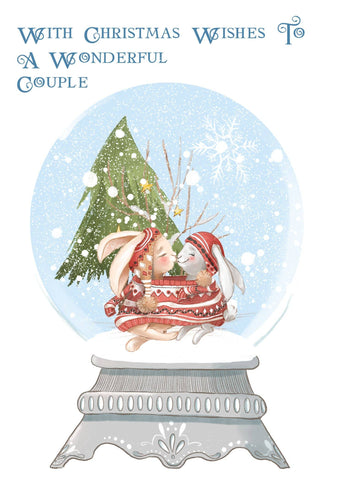 Wonderful Couple At Christmas Snow Globe Card Hand Finished With Glitter, Cute Bunnies In Winter Sweaters Loving Couples Card, i_did 