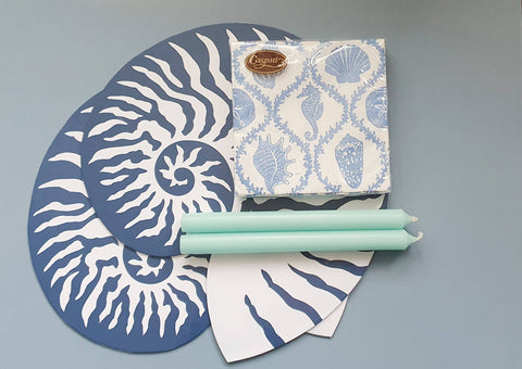 Sea Shell Die Cut Place Mat Set, 4 x Beach Themed Table Setting Place Mats, Blue And White Take Me To The Sea Tablescape someone_else 