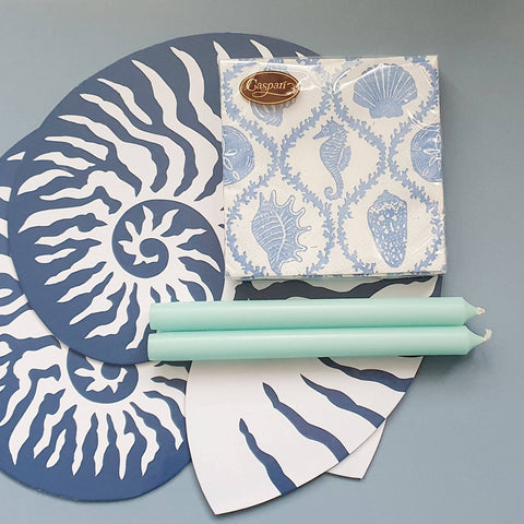 Sea Shell Die Cut Place Mat Set, 4 x Beach Themed Table Setting Place Mats, Blue And White Take Me To The Sea Tablescape someone_else 