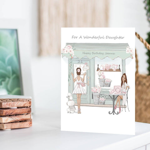 Flower Shop Birthday Card, Personalised Wonderful Daughter Any Age Greeting Card, White Roses Hand Glitter Finish Shopping Card For Girls i_did 