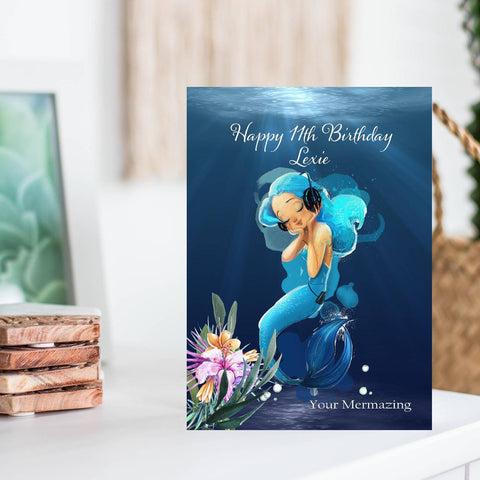 Musical Mermaid Birthday Card With Gems, Little Mermaid Girls Blue Personalised Celebration Card, Under The Sea Mermazing Hand Made Card i_did 