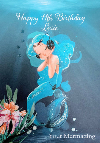 Musical Mermaid Birthday Card With Gems, Little Mermaid Girls Blue Personalised Celebration Card, Under The Sea Mermazing Hand Made Card i_did 