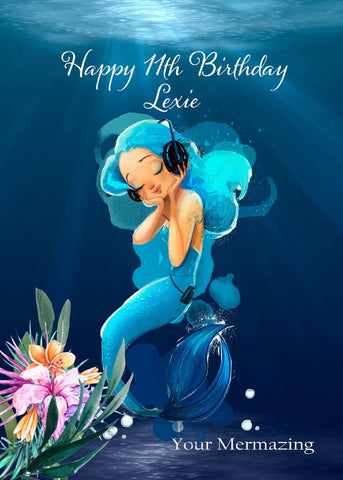 Musical Mermaid Birthday Card With Gems, Little Mermaid Girls Blue Personalised Celebration Card, Under The Sea Mermazing Hand Made Card i_did 