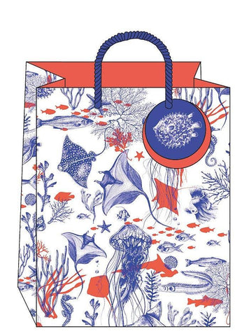 Ocean Creatures Gift Bag, Medium Sturdy Laminated Present Bag, Rope Handle Smart Bag For Men, Puffer Fish Gift Tag Included someone_else 