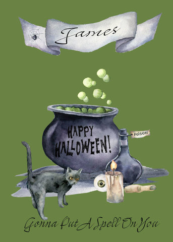 Personalised Put A Spell On You Halloween Card For Men, Cute Witches Cat Cauldron Greeting Card, Happy Halloween Hand Glittered Card, i_did 