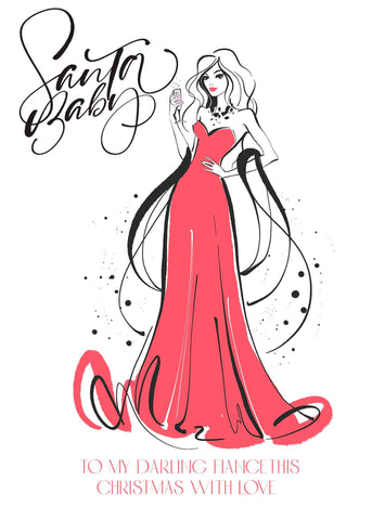 Santa Baby Stylish Fiancé Christmas Card, Girl In A Red Dress Hand Glittered Xmas Card For Her, Fashion Ink Sketch Christmas Sketch Card i_did 