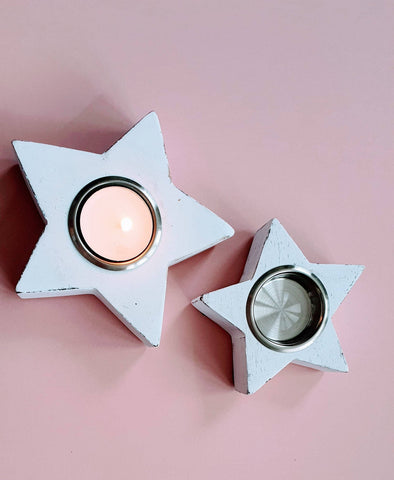 Chunky Wooden Star Tea Light Holders, Rustic And Shabby Set Of 2 Christmas Star Candle Holders, Christmas Dining Table Star Decorations someone_else 