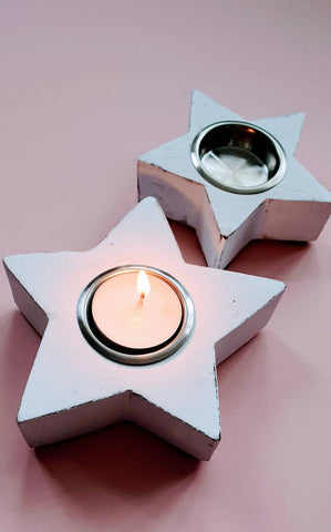Chunky Wooden Star Tea Light Holders, Rustic And Shabby Set Of 2 Christmas Star Candle Holders, Christmas Dining Table Star Decorations someone_else 