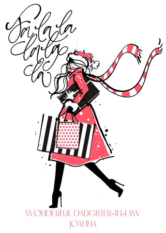 Fa La La Daughter-in-Law Christmas Card, Pen and Ink Fashion Drawing Xmas Card For A Stylish Woman, Christmas Shopping Luxury Card For Her i_did 